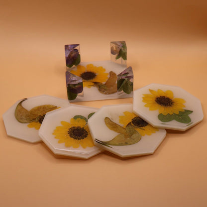 Handmade Coaster Set with Real Sunflowers
