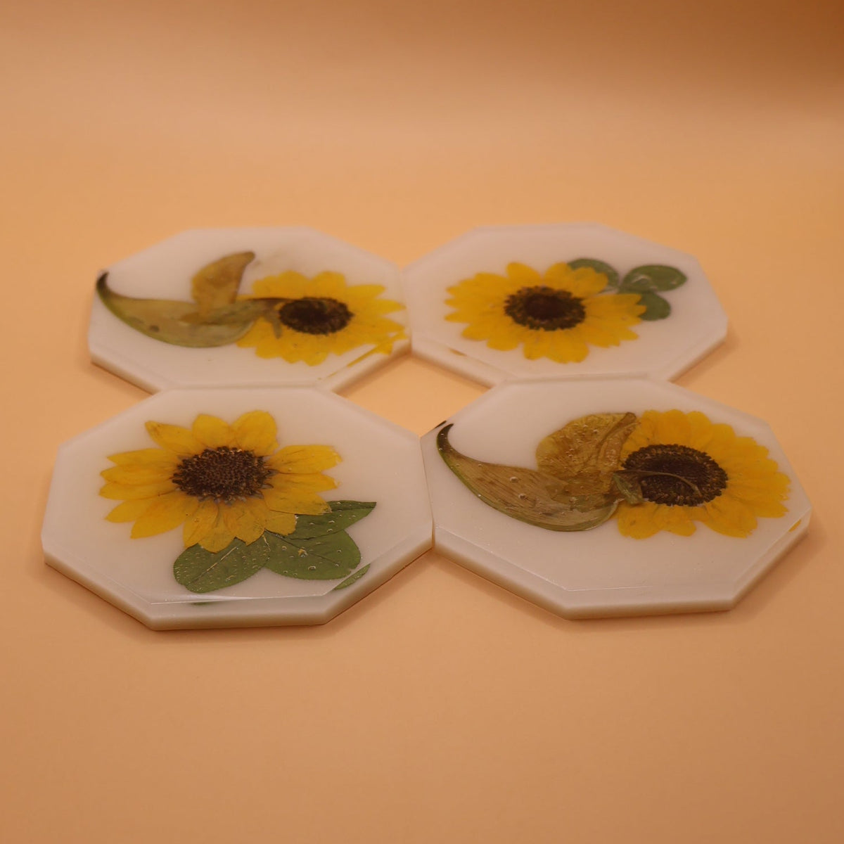 Handmade Coaster Set with Real Sunflowers