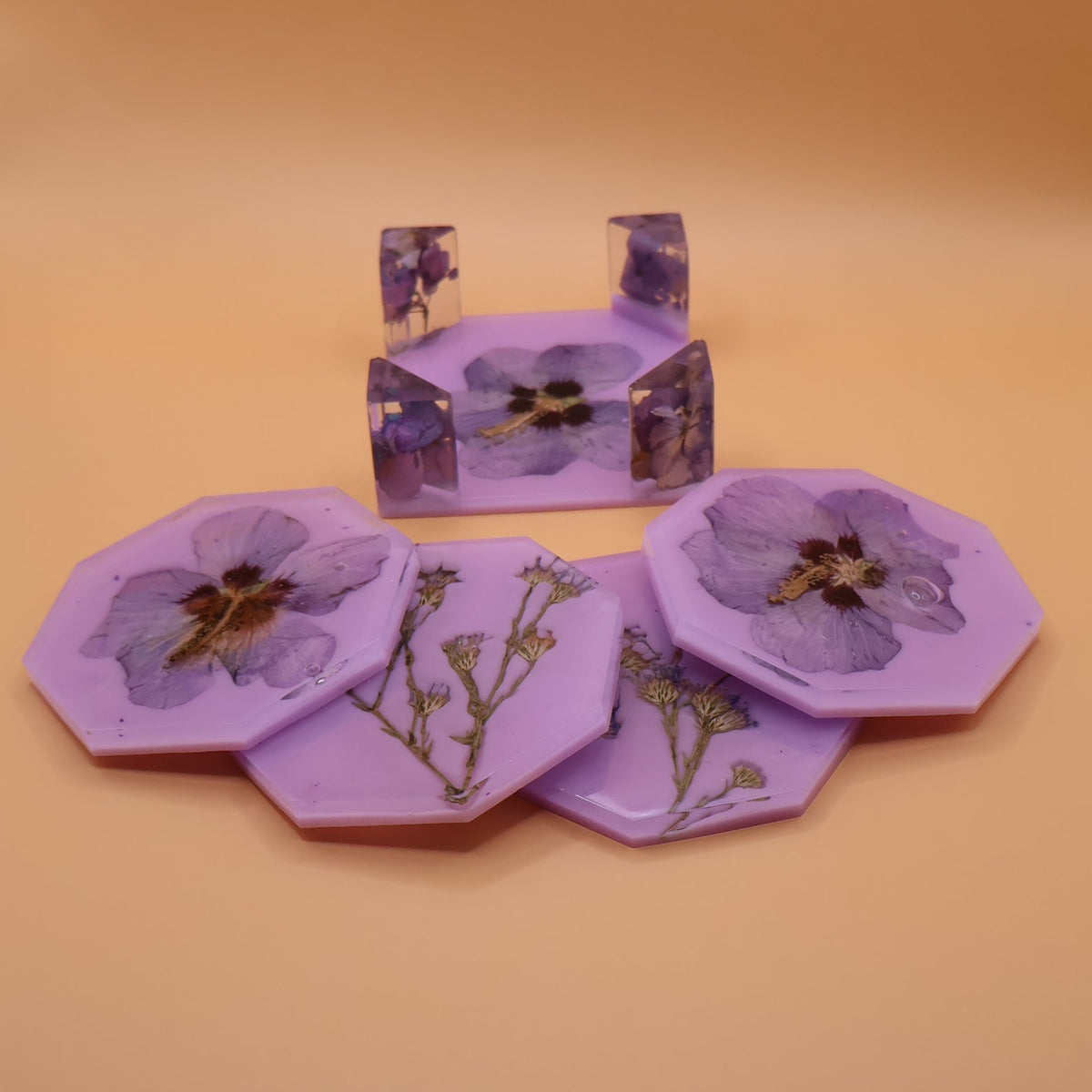 Botanical Coaster Set with Purple Flowers